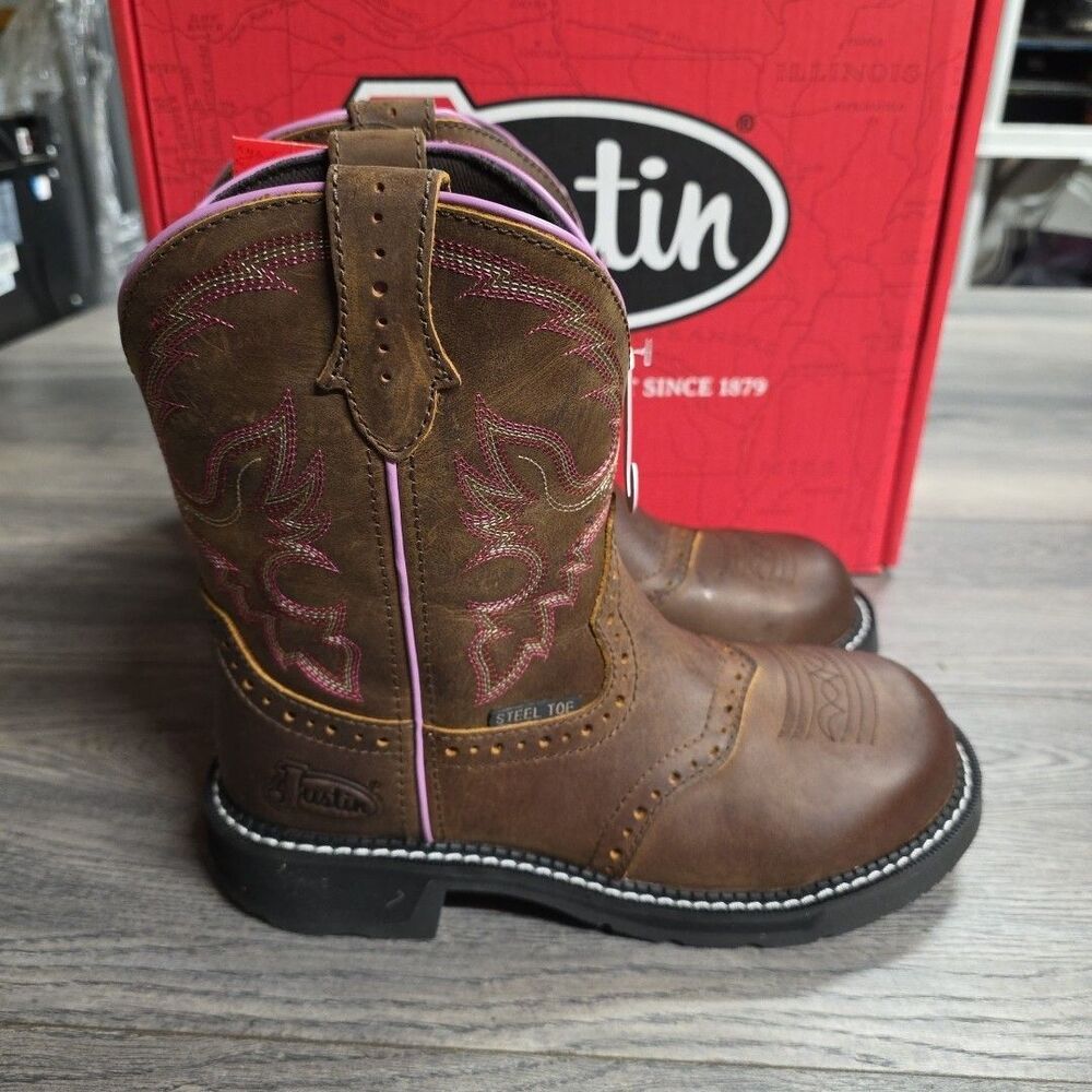 Justin Wanette Aged Bark Water Buffalo Women’s 8.5B 8” Round Steel Toe Boots NEW